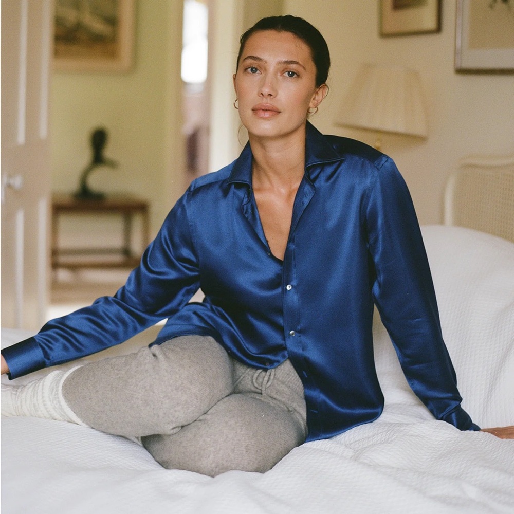 WNU With Nothing Underneath Blue Silk Boyfriend Shirt